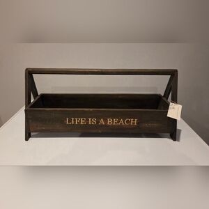 Rustic Wooden Crate with "LIFE IS A BEACH" Text - Dark Brown